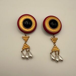 Vintage Art Decor  Gold and Black Dangle Clip Earrings